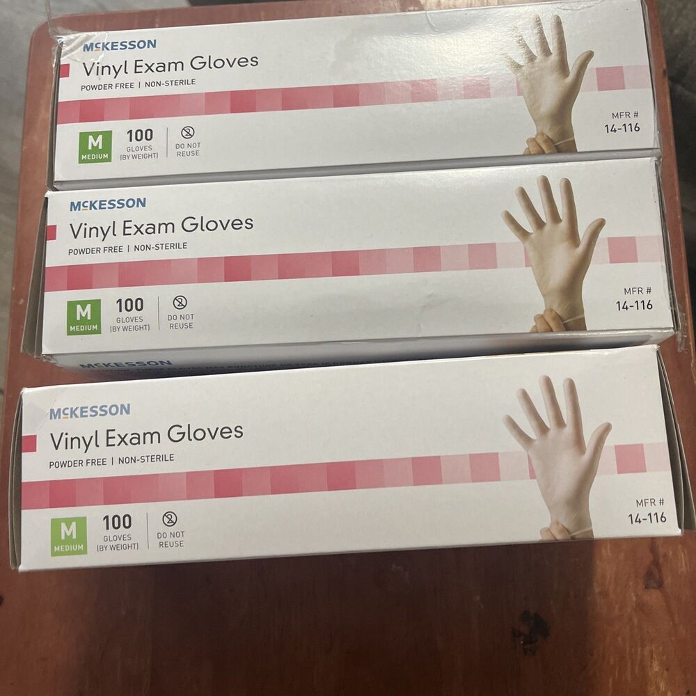 McKesson Vinyl Exam Gloves - Pack of 100, Medium Powder-Free Non-Sterile 3 Boxes